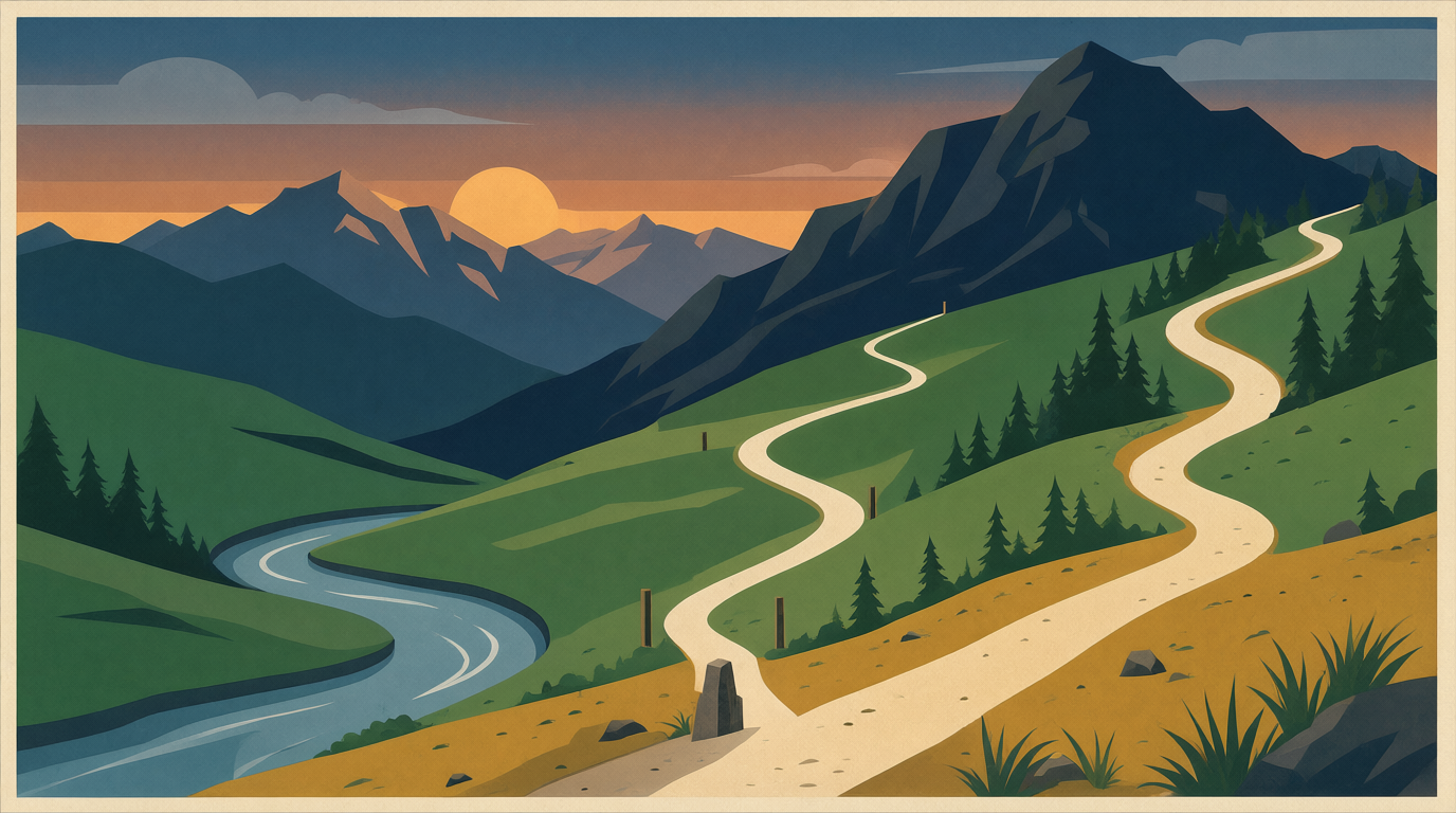 A closer dusk mountainside in the same poster style: three cream paths starting at one stone marker and climbing at three steady speeds — long and gentle, middle, short and steep — crossing twice before the pine ridge