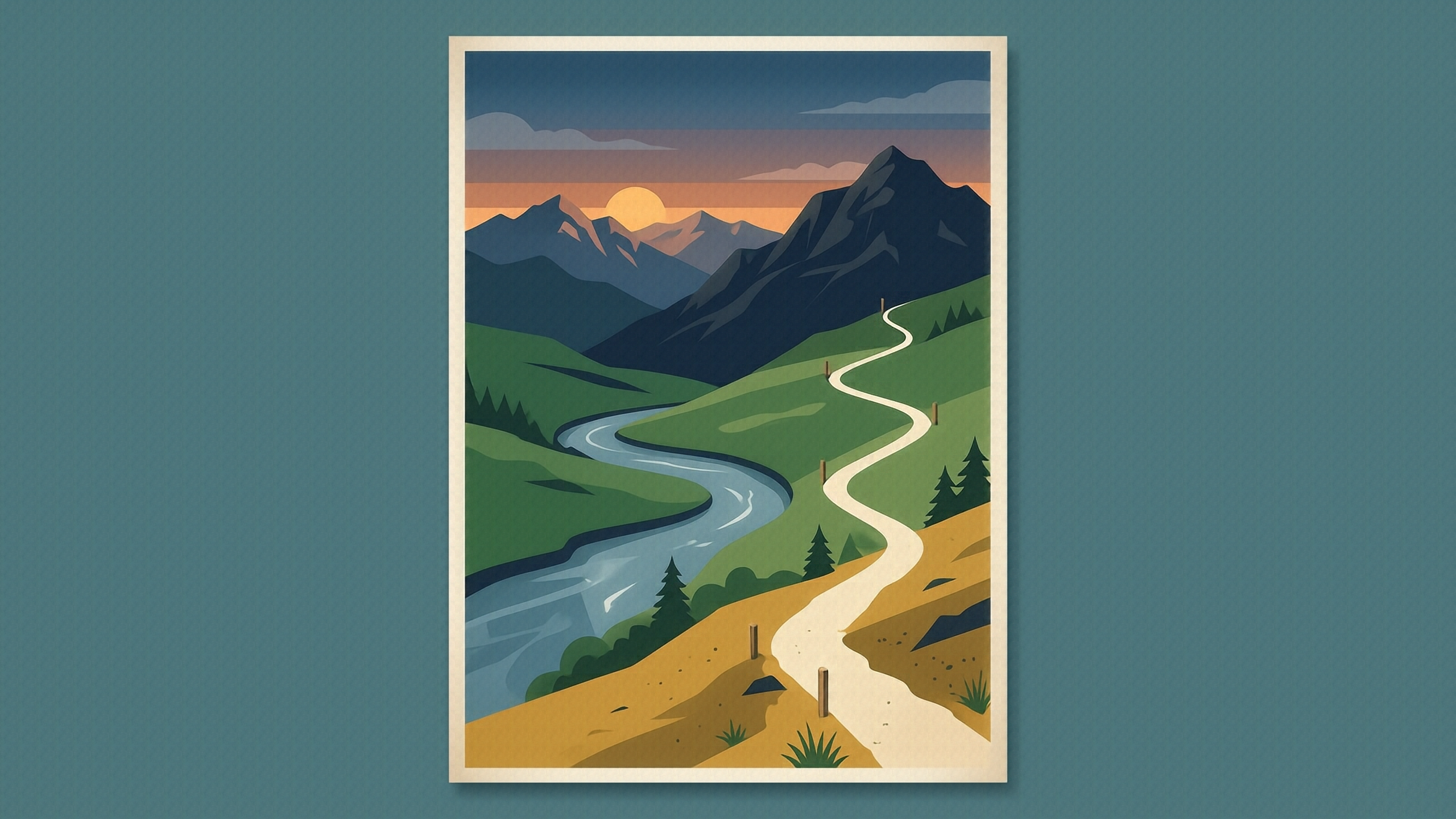 A dusk park-poster mountainside: one footpath from a wide river valley splitting into three switchback trails that reach the pine summit ridge at three different heights, each ending at a plain wooden marker post, low ochre sun