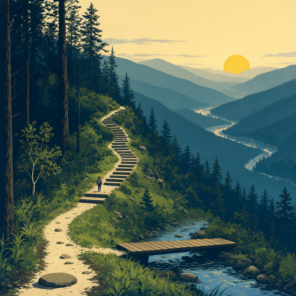 A dusk park-poster trail climbing in wide switchbacks up a mountainside toward a large low sun, its first steps close together at the bottom and each step wider as the trail rises, a tiny lone hiker on the lower steps