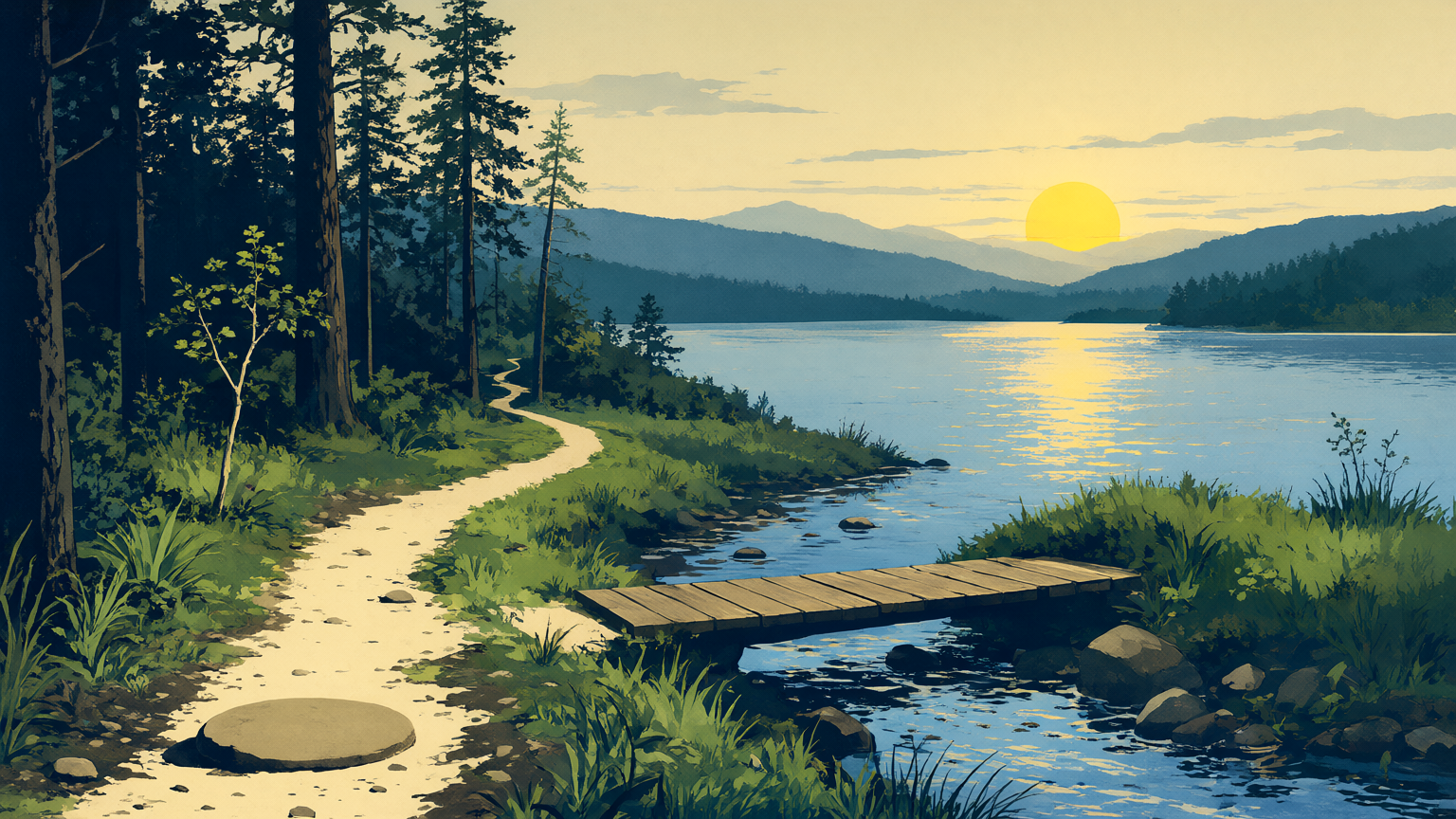 A dusk park-poster scene: a narrow cream footpath leaving a pine forest edge, its first step marked by a round flat stone, crossing a small creek on a low plank bridge toward a wide still river and layered dusk mountains under a low sun, one small sapling at the path’s start