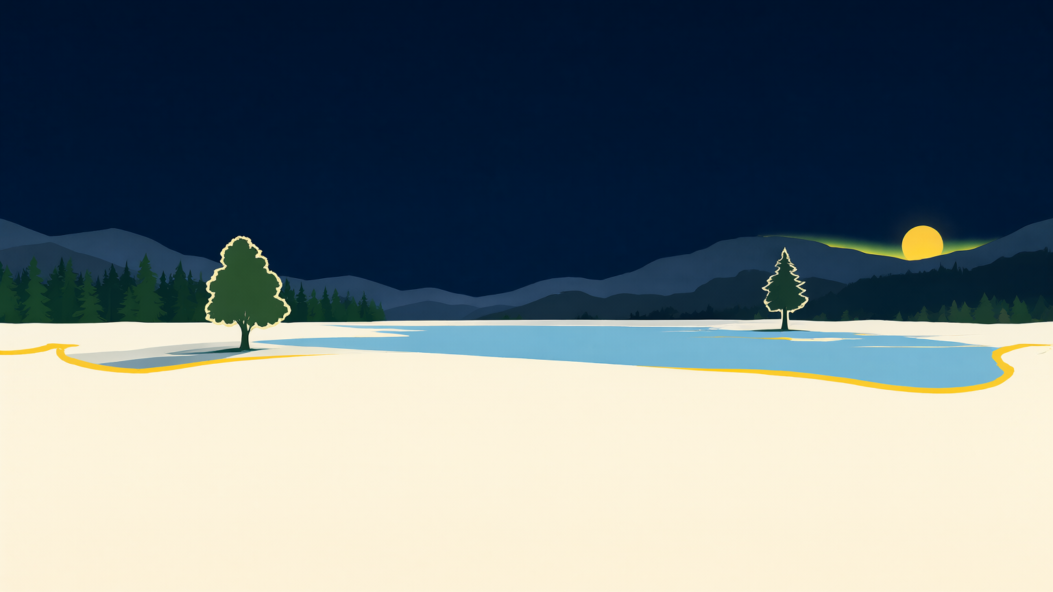 A dusk park-poster winter landscape: a frozen river crossing a cream snowfield with its edge traced by a long sun-yellow line forming an open gap, a rimmed forest-green tree on the near bank and its bare twin on the far bank, pines and layered dusk mountains behind, the low sun in a deep navy sky