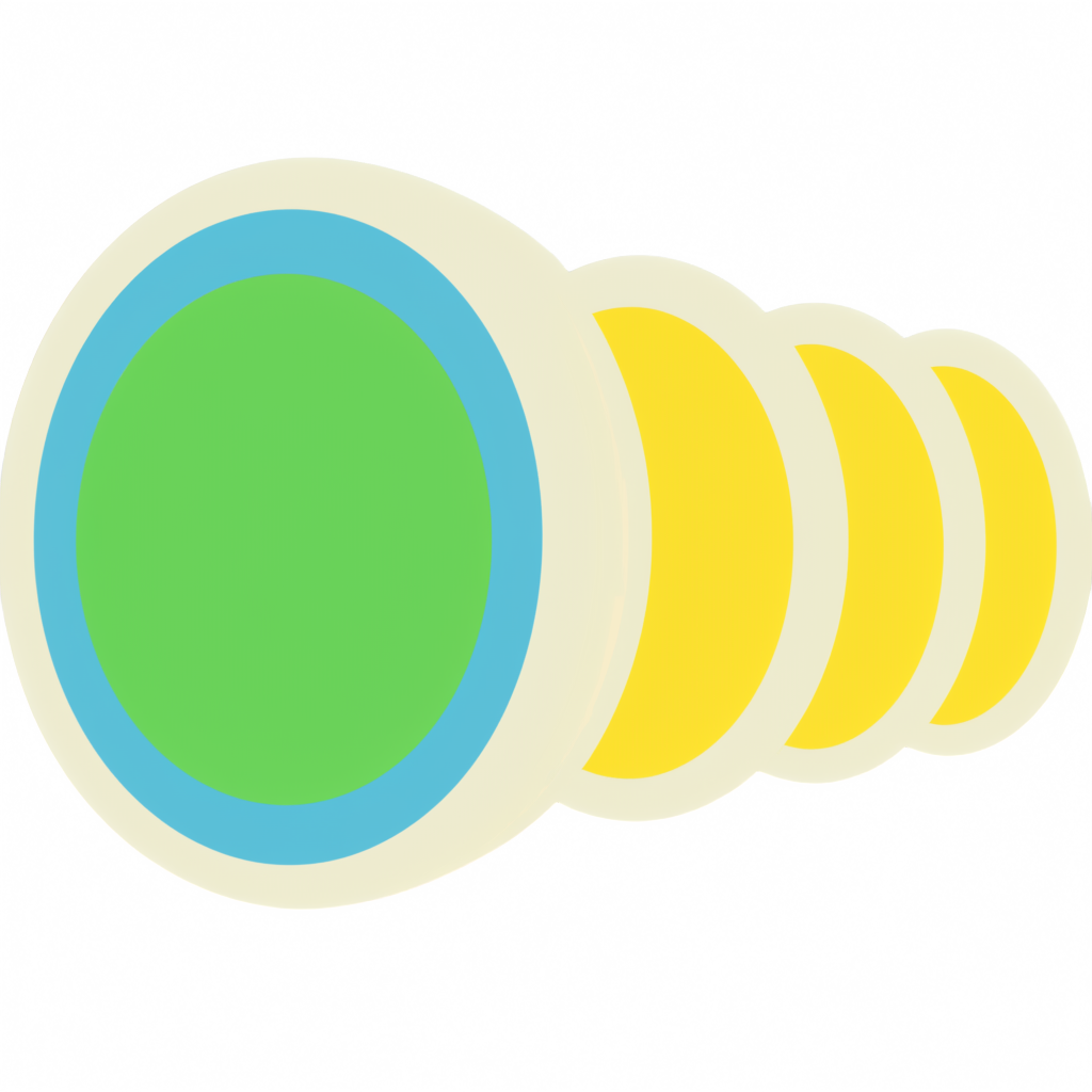 A flat park-poster glyph on a transparent background: a row of bold flat coins running left to right and fading past the edge — the first large and meadow green with a cream rim and river-blue center, then three smaller sun-yellow coins each cut smaller than the last — no numbers