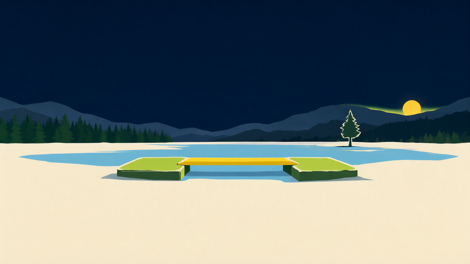 A dusk park-poster scene: a cream snowfield crossed by a band of river-blue ice marked with a sun-yellow seam, broken by one clean gap spanned by a single slim sun-yellow plank, a forest-green stone with a cream rim on one side and a meadow-green stone on the other, pines and the low sun beyond