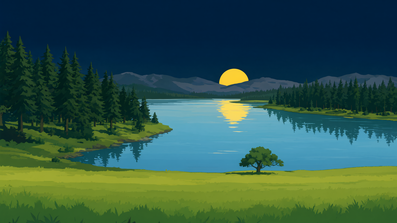 A dusk park-poster landscape in three zones: a pine forest on the near bank of a wide river, the river crossing to a forested far bank, and a lone old tree in an open meadow plain, layered mountains and the low sun behind