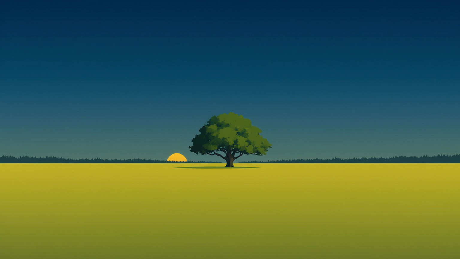 A dusk park-poster landscape: a single tree standing alone in a wide cleared field, the forest reduced to a thin band on the horizon, the low sun at the edge of the clearing