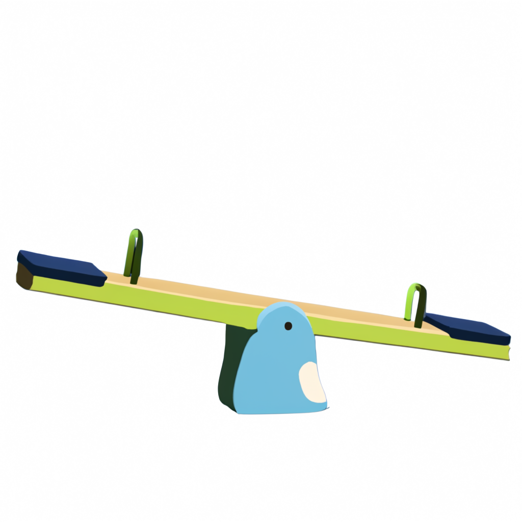 A flat park-poster teeter-totter on a stone fulcrum, one end raised, in the site’s limited flat palette, on a transparent background