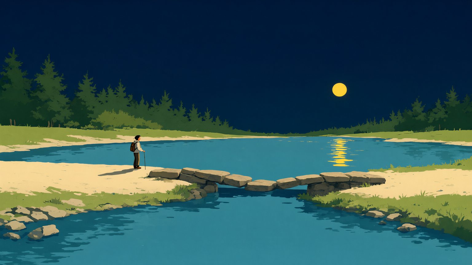 A dusk park-poster river crossing of many flat stepping stones: most steady and even, but one middle section where the stones sit low, thin and tilted half under the dark water, a tiny lone figure pausing at the edge of the last good stone