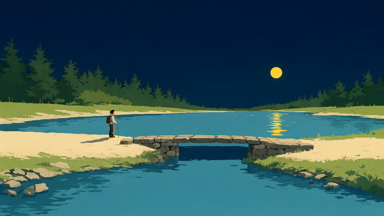 A dusk park-poster scene: a tiny lone figure with a small pack on a cream shore beside a deep river cut by one clean missing span of stepping stones, pines on the far bank, the low yellow sun in a deep navy sky